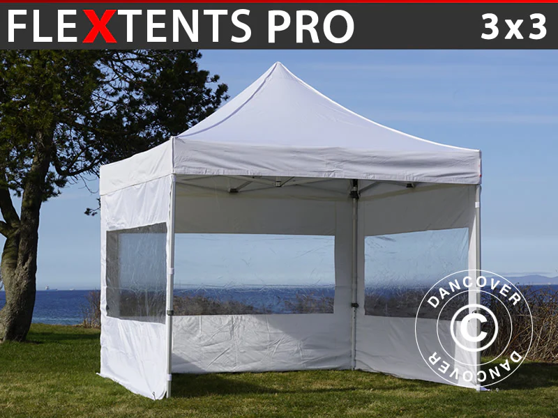 Faltzelt FleXtents PRO 3x3m Weiß, mit 4 Seitenwänden