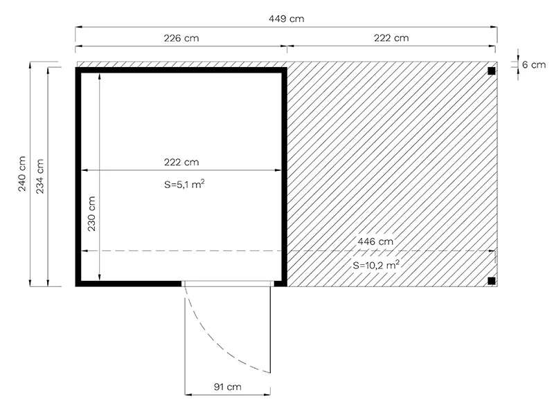 Holzschuppen mit Vordach, Bertilo Cubus 2L, 4,49x2,34x2,32m, 5,1m²+ 5,15m², Grau – Image 7