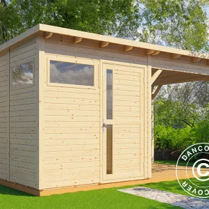 Holzschuppen mit Vordach, Bertilo Pentus 2L, 4,49x2,34x2,33m, 5,1m²+5,1m², Natur